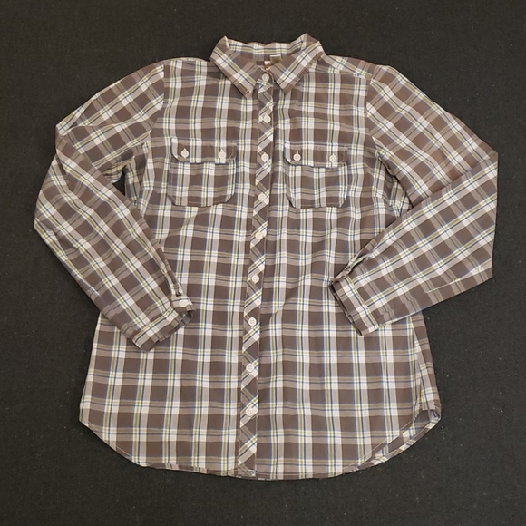 6 Degrees Plaid Longsleeve Button Down Shirt Grey White Blue Women's Small S - Picture 1 of 8